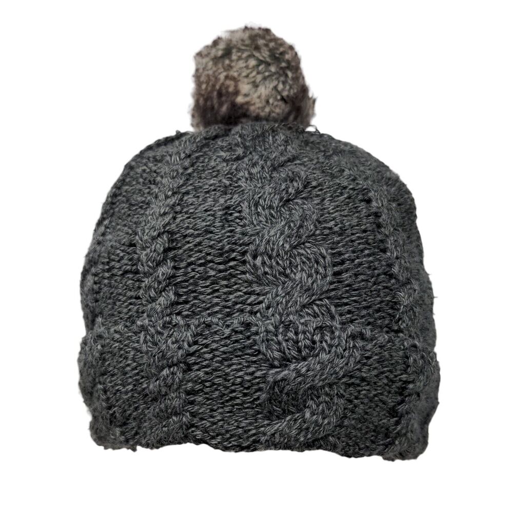 Arctic Paw Beanie Hat Gray OS Stretch Hand Knitted Pom Pom Fleece Lined Blank
